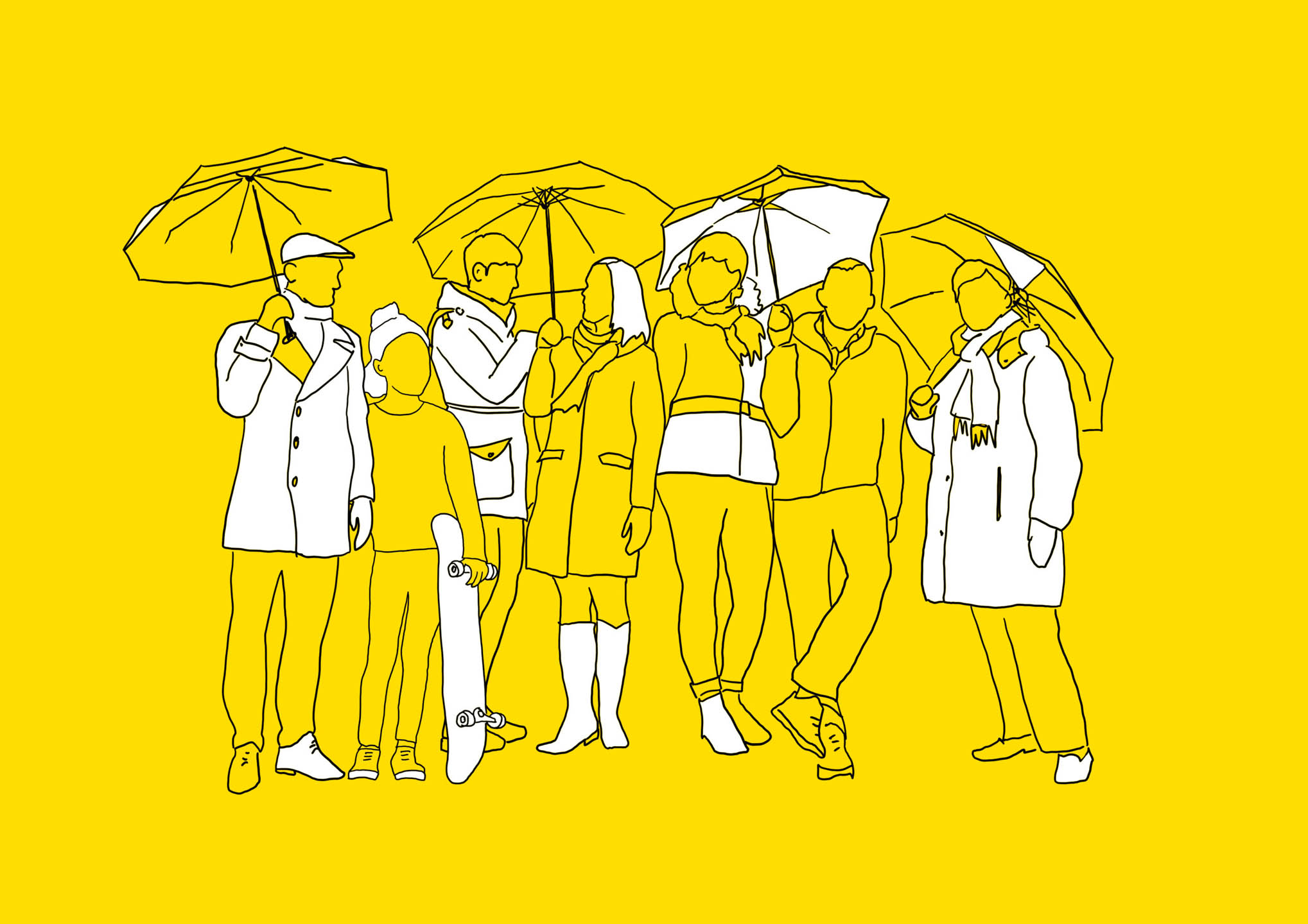 FinFamin aluevaalikuva 2022_joukko ihmisiä seisoo rinnakkain sateenvarjojen kanssa_Sanna Huhtonen Design