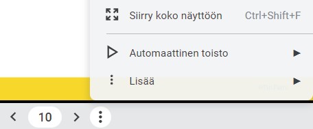 Kuva esittää valikkopolun dian avaamiseksi koko näytön tilaan.